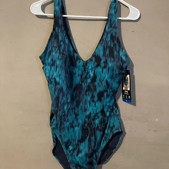 TYR Teal and Black Green Patterned Swimsuit Large - Picture 2 of 6